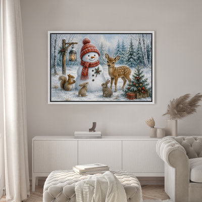 «Christmas Snowman with Woodland Animals Winter Scene», reproduction d'art sur toile encadrée dans la chambre principale