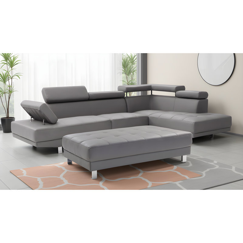 Farranshane White Faux Leather Sectional with Ottoman, Gray