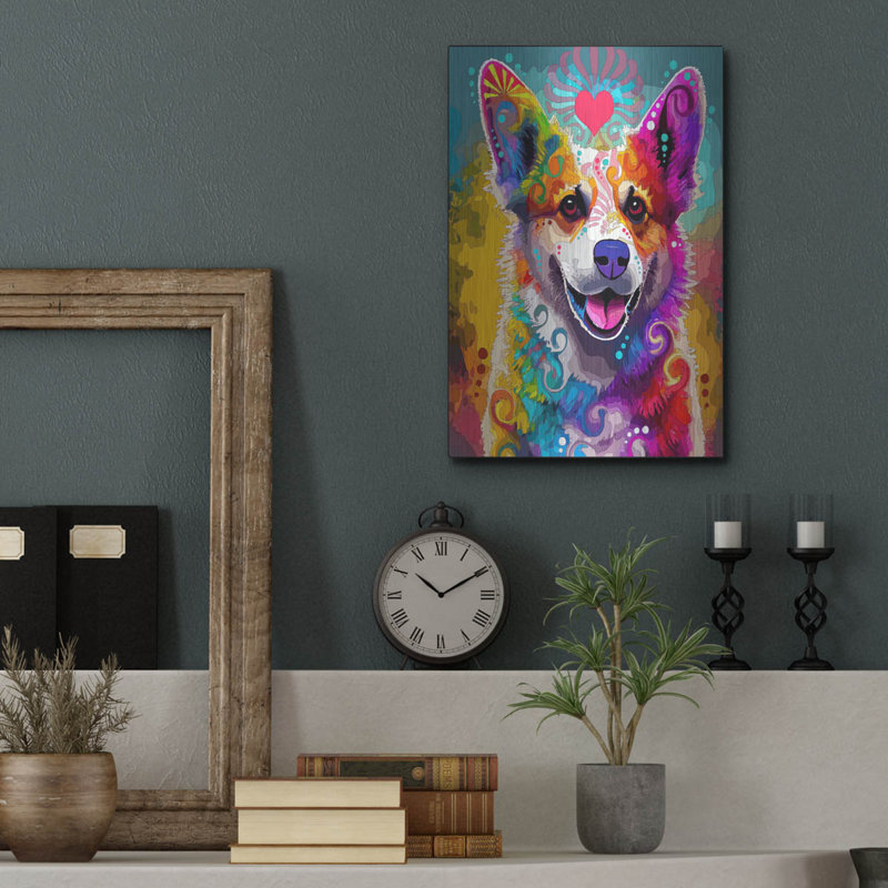 Art mural en métal Winston Porter «Happiness Corgi» par Dean Russo, H 16 po x l 12 po