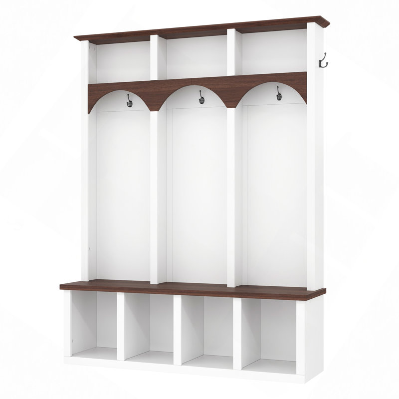 Wooden Style Hall Tree With Arched Design, Practical Entryway Walnut Storage Bench With 5 Hooks, Minimalist 4-In-1 Hallway Shoe Cabinet With 7 Cubbies For Mudroom, Living Room