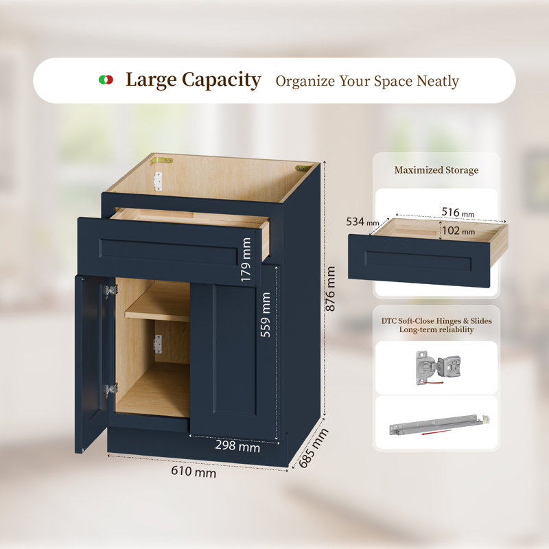 Armoire de base 24 po bleu marine Shaker avec porte et tiroir à fermeture en douceur, unité de rangement en bois massif