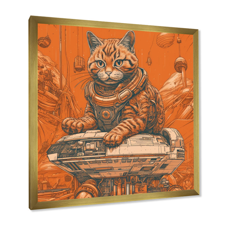 Illustration de l'espace astronout rétro chat I - impression, Cadre doré simple, H 36 po x l 36 po x P 1,5 po