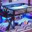 Lit mezzanine Gaming avec bureau avec pieds en forme de X, lumières DEL, ports USB, escalier et garde-corps en filet - structure en métal noir, lit surélevé peu encombrant pour les dortoirs, les chambres et les salles de jeux-131126565
