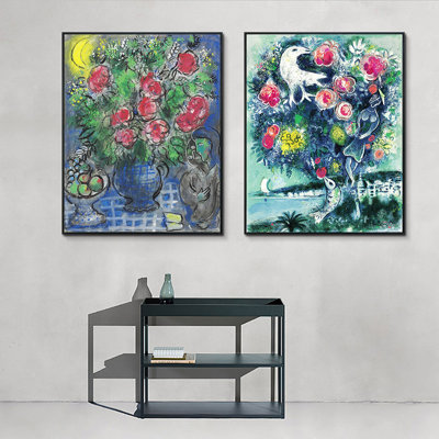 Reproduction d'art numérique sur toile encadrée, 2 pièces par Marc Chagall, série d'art mural n ° 13 pour les décorations de bureau à domicile (cadre de couleur bois mince, 18 po x 24 po chaque pièce)