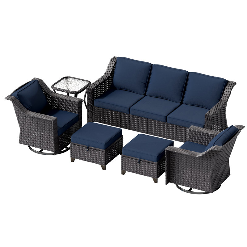 6-Piece Wicker Outdoor Sofa Set – Swivel Chairs & Hidden Storage Ottomans, Blue