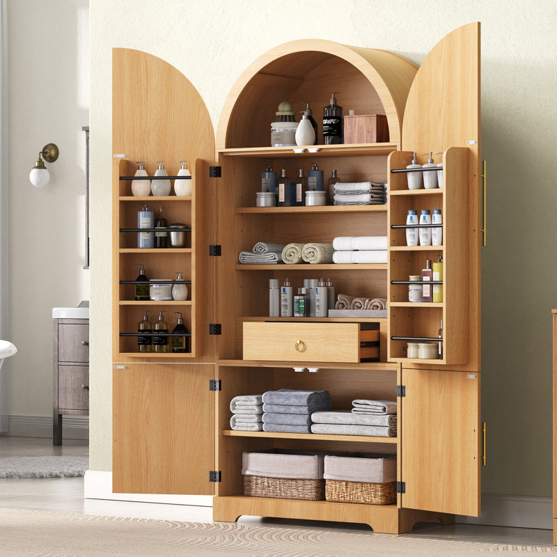Armoire garde-manger arquée en bois de 72 po de hauteur, armoire de rangement avec tablettes réglables, porte et tiroir caché (naturel)