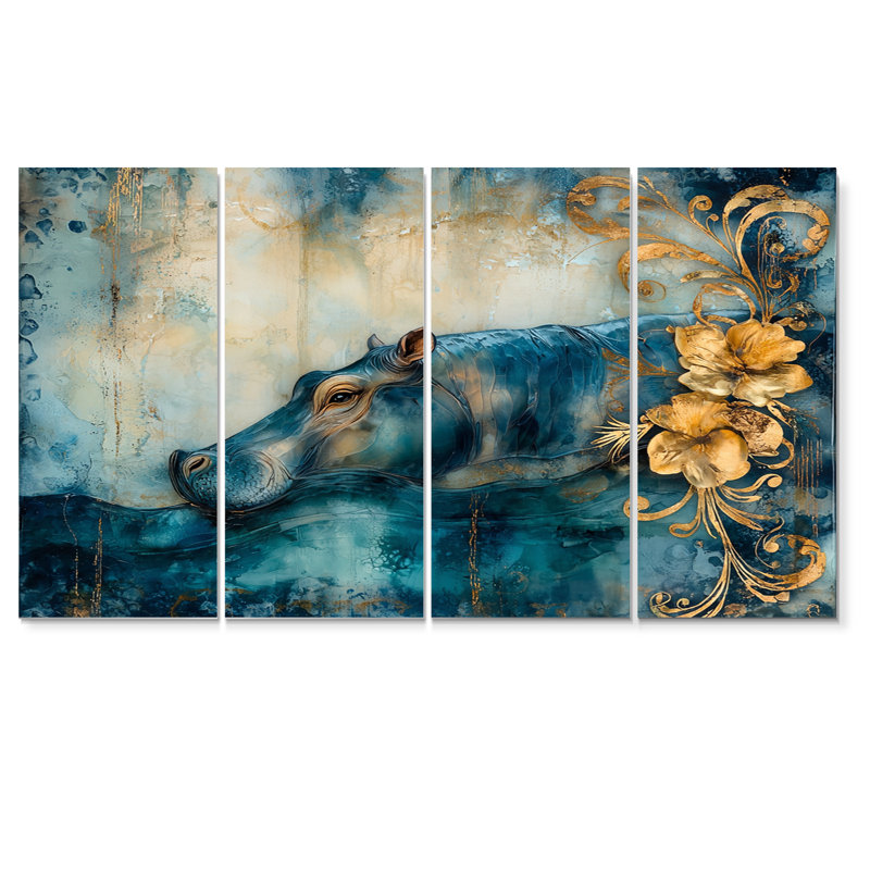 «Blue Art Nouveau Hippo Accented with Yellow - Hippopotamus, ensemble d'art sur toile, H 28 po x l 48 po