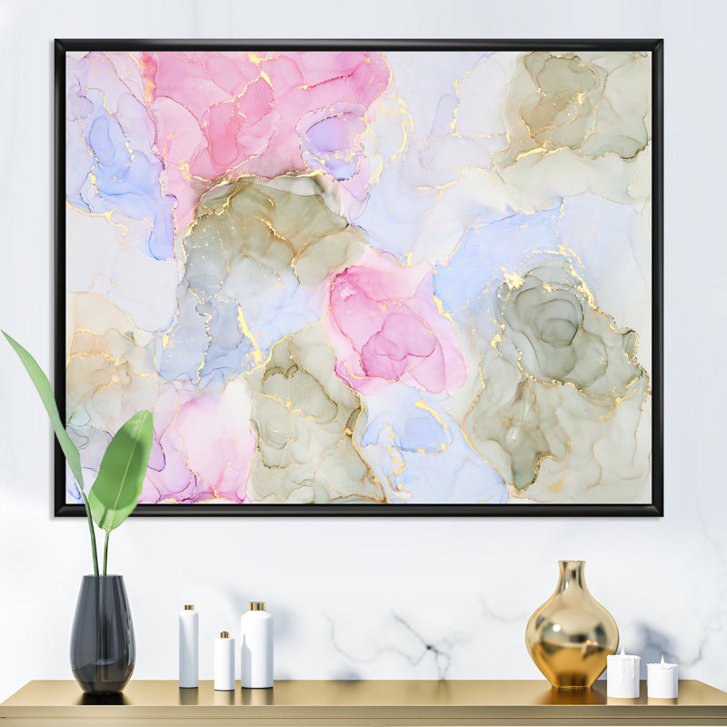 Mauve et bleu, luxe abstrait, fluide VI - peinture sur toile, Cadre flottant noir, H 24 po x l 32 po x P 1 po