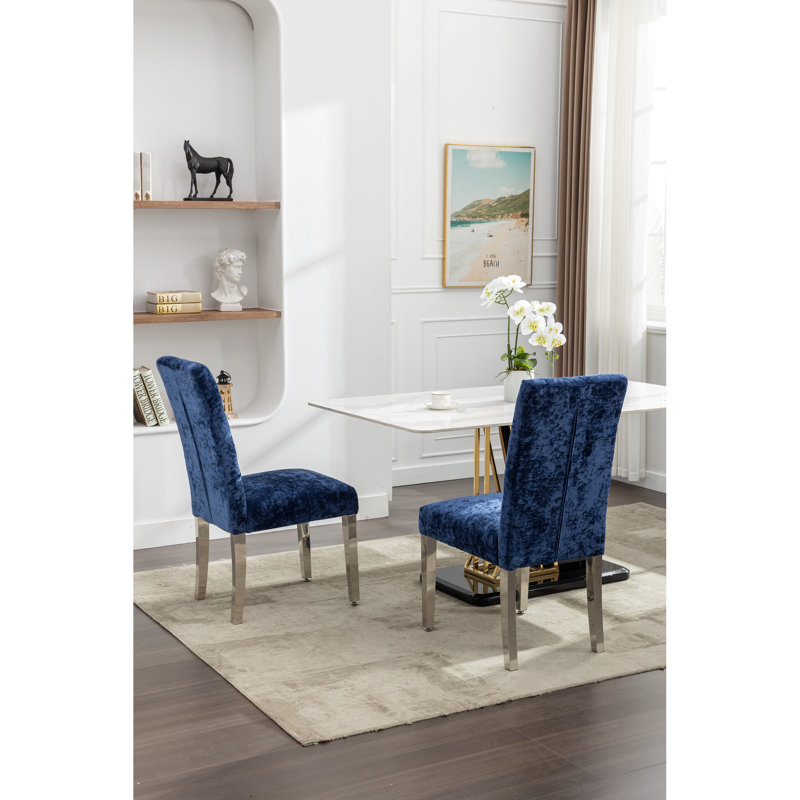 Chenille bleue revêtue de 2 chaises de salle à manger avec un design ergonomique et des pieds réglables de style rectangulaire avec revêtement en acier