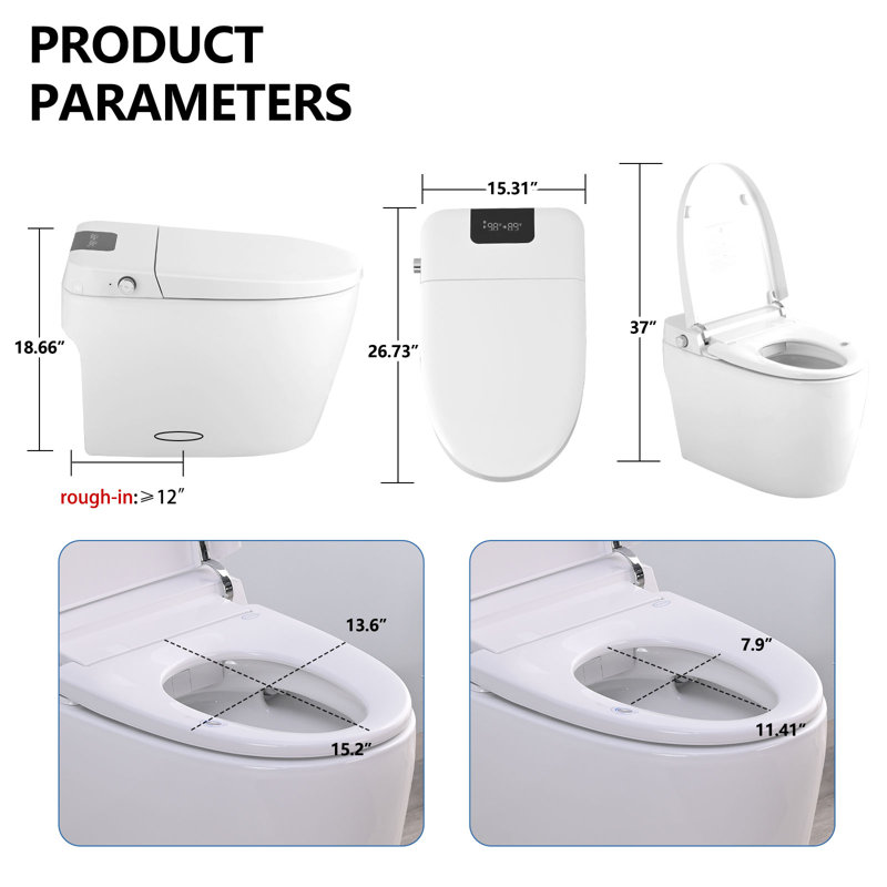 Toilette bidet intelligente sans réservoir ADA, ouverture / fermeture automatique, chasse automatique, chasse occultante, siège chauffant, lavage à chaud, sécheuse, affichage numérique à DEL 