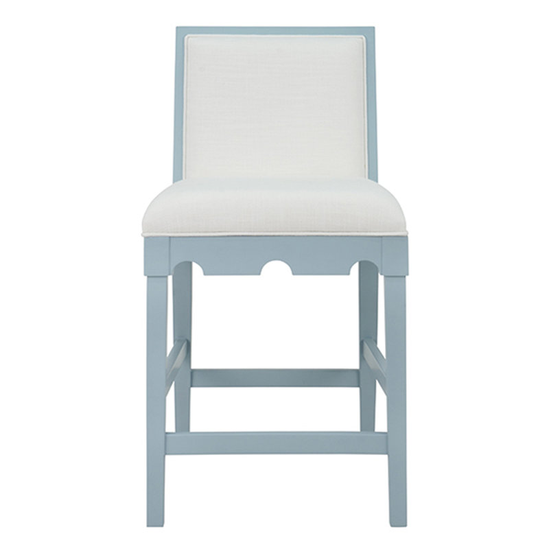 Square Back Counter Stool with Decorative Apron with Performance White Linen Upholstery, Matte Light Blue