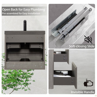 Meuble-lavabo flottant 24 po avec lavabo, meuble de rangement mural avec lavabo à quartz noir et tiroirs à fermeture en douceur entièrement assemblés