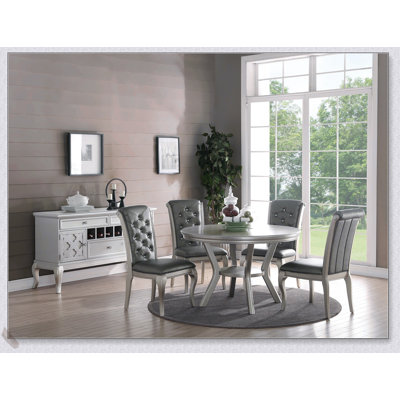 Formal Traditional Dining Table Set with Round Table, Silver Hue, Built-in Shelf, and 4 Tufted Back Chairs for Elegant Dining