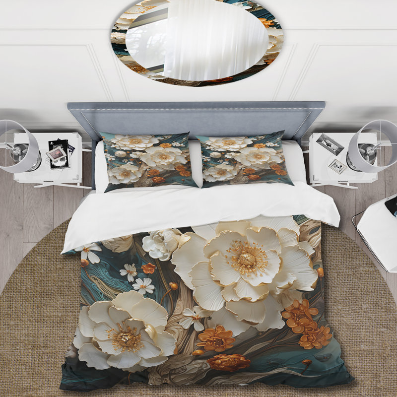 Ensemble de housse de couette fleurs dorées et blanches sur pierre bleue III - Fleurs abstraites