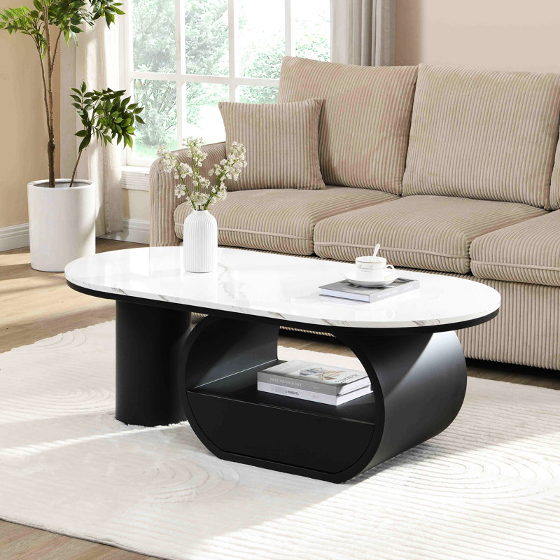 Table basse ovale moderne de 47,26 po, plateau en faux marbre, tiroir de rangement, structure en métal noir, salon, table de luxe à pieds réglables de 47,26 po avec surface et fonction, pour une configuration facile