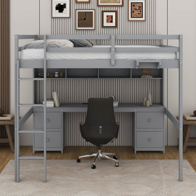 Lit mezzanine double avec bureau, armoires, tiroirs et station de charge
