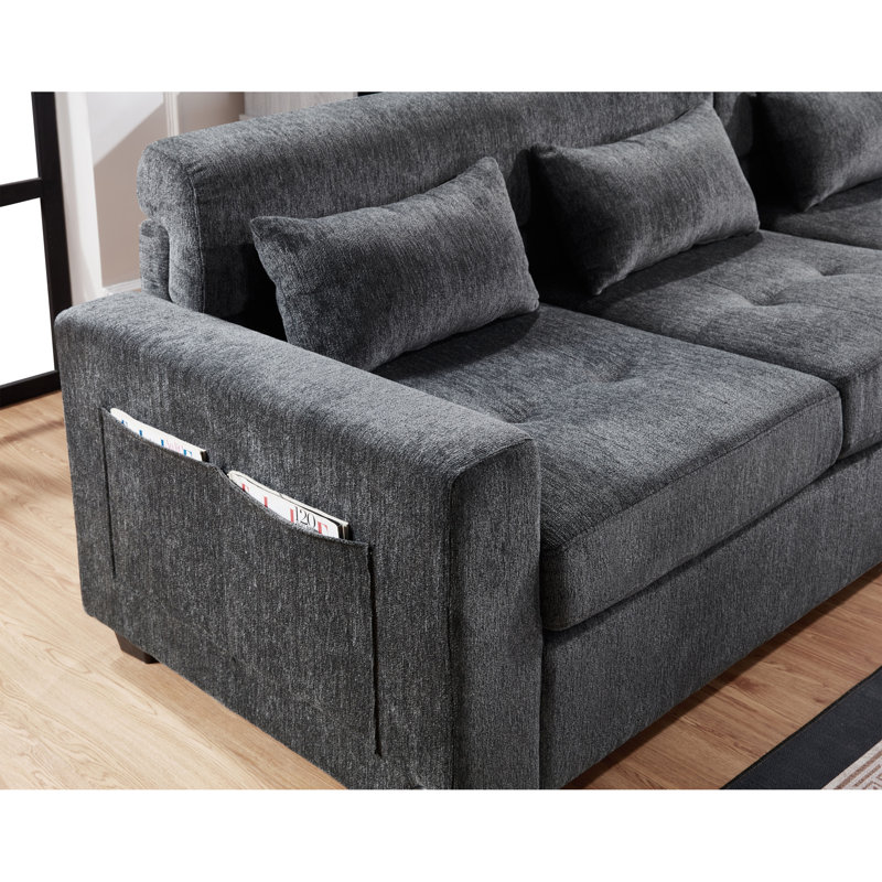 Canapé modulaire en chenille l 115 po gris Trey avec dossier réglable, ports de chargement, poches, capitonnage, repose-pieds avec rangement, coussins décoratifs