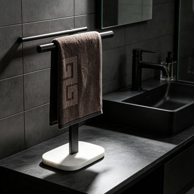 T-Shape Hand Towel Holder with Marble Base, Stainless Steel Standing Towel Bar, Rustproof Towel Rack for Bathroom Kitchen Vanity Countertop, Modern Freestanding Towel Ring
