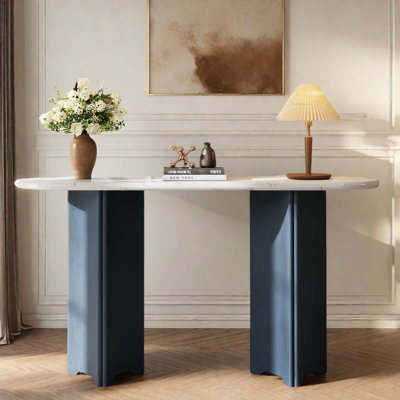 Narrow Console Table With Oval Marble Top, Curved Legs And Triangular-designed Base