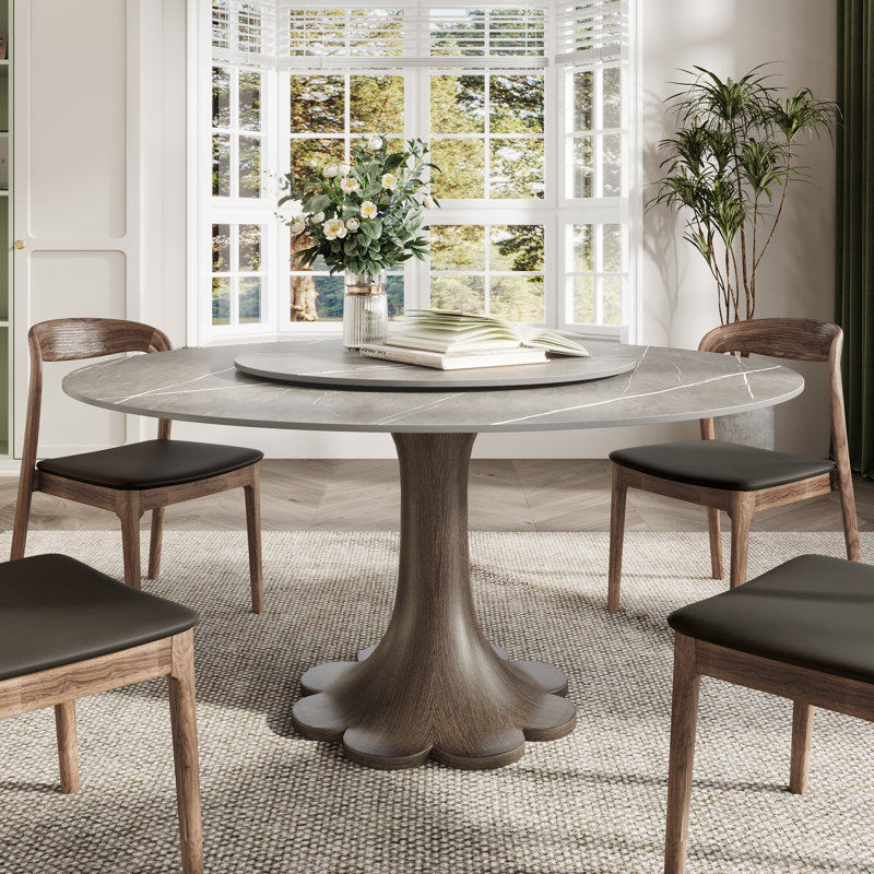 Table de salle à manger grise en pierre frittée grise avec plateau tournant en bois massif 4-8 sièges