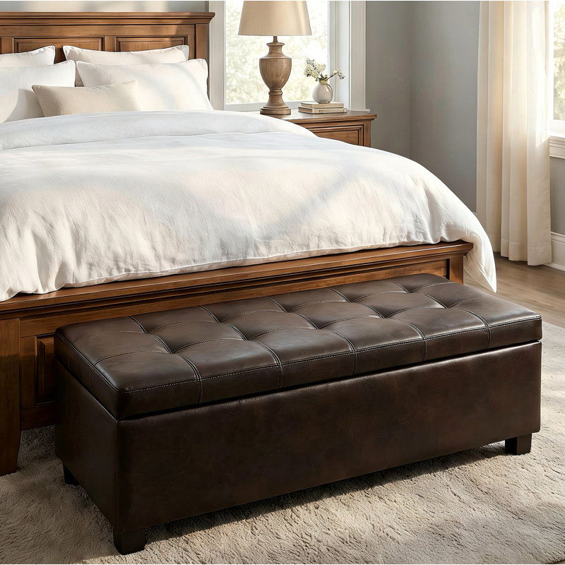 Repose-pieds avec rangement, banc de rangement, banc de chambre d'entrée touffeté, 49,75 pouces, charnières à couvercle facile à utiliser, pieds en bois, cuir synthétique, capacité de charge de 300 lb, brun
