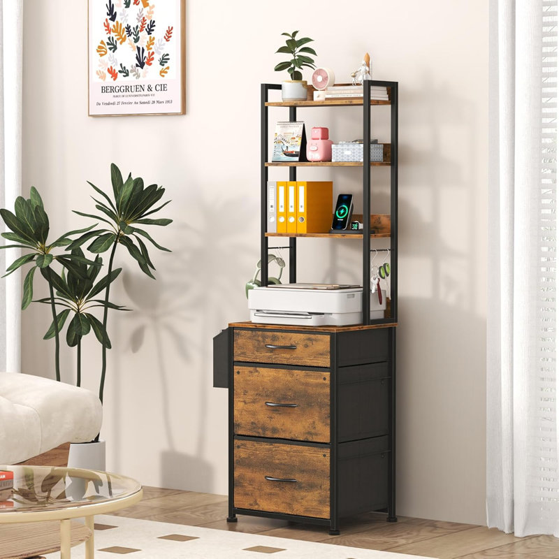 Rustic Brown 69''H Tall 3-Drawer File Cabinet - Charging Station, 4-Tier With Adjustable Shelf (Fabric Drawers, Printer Stand, Fits A4/Letter/Legal For Home Office)