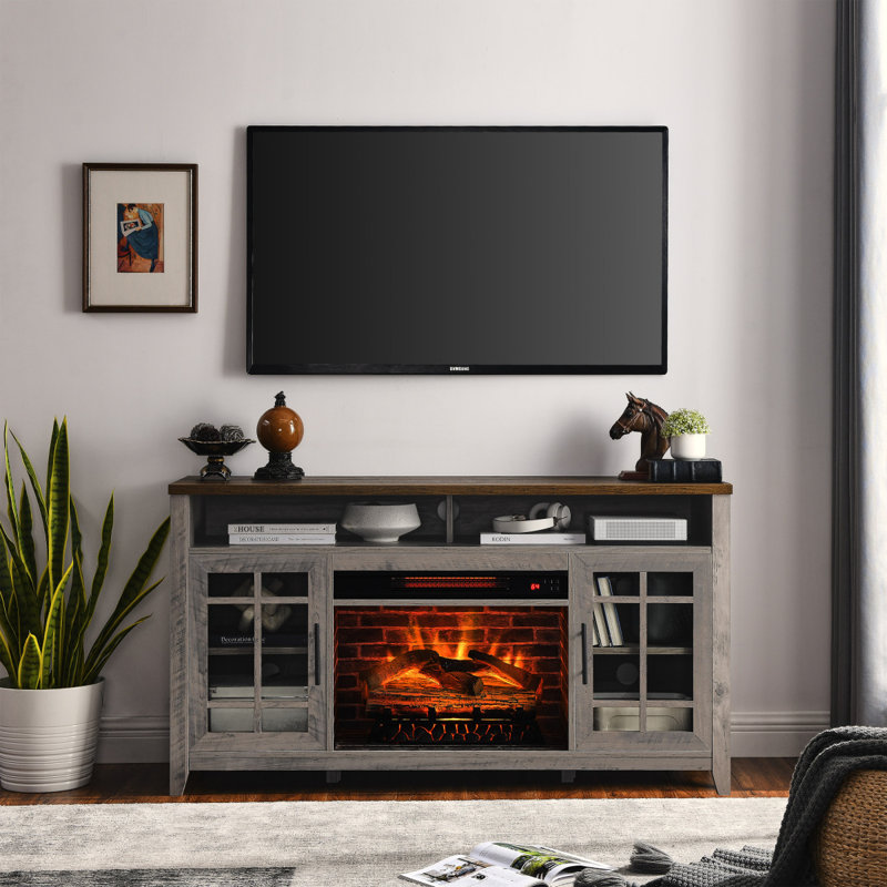 55 Inch TV Media Stand With Electric Fireplace KD Inserts Heater,Gray Wash Color, Gray Wash