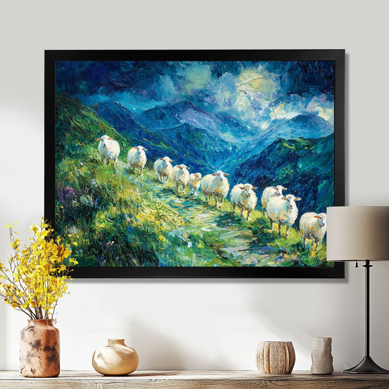 Gerbert Mountain Path of Sheep Family - Sheep, art mural, Reproduction encadrée d'une seule photo, H 30 po x l 40 po, Noir