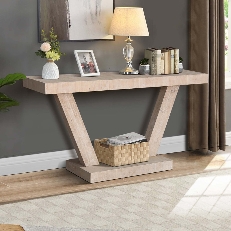 60"Long Distressed  2-Tier Wooden Console Table, Antique Natural