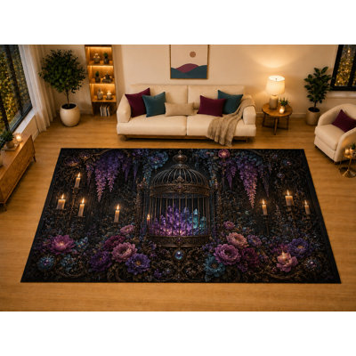 "Ultra Light Weight" Large 6'7" x 9'10" Crystal Birdcage Floral Gothic Area Rug for Living Room Bedroom Dining Area, Soft Low Pile Non-Slip Backing, Purple Teal Dark Fantasy Decor