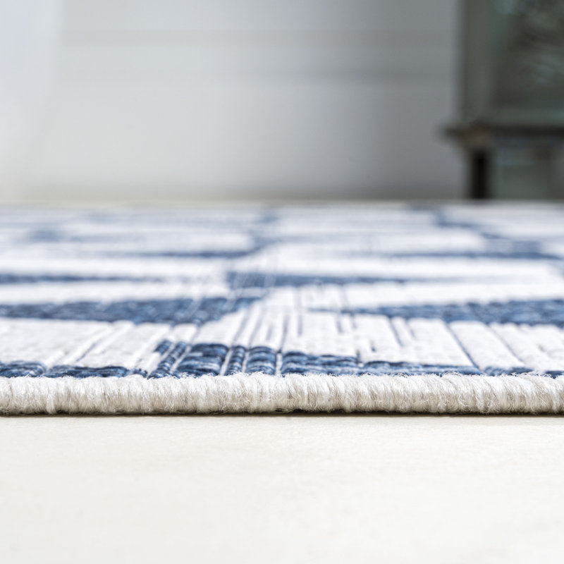 Anatolia Modern Tribal Geometric Blue/Ivory Indoor/Outdoor Rug, Rectangle 7'9" x 10'