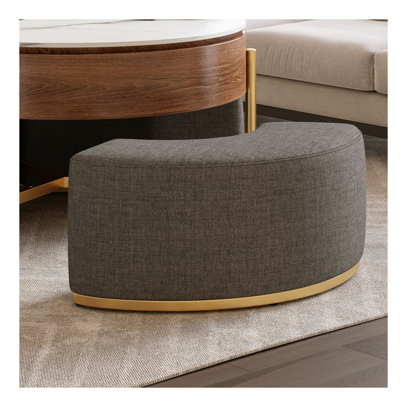 Table basse moderne à plateau relevable avec rangement caché, placage en noyer et plateau en pierre frittée, 3 repose-pieds gigognes rembourrés, conception peu encombrante, entièrement assemblée