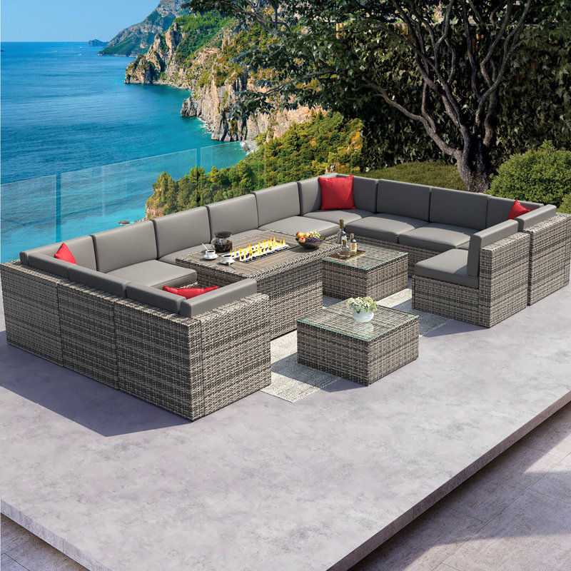 Ensemble de conversation modulaire en rotin 15 pièces avec coussins Marletta, Gris, Gris foncé