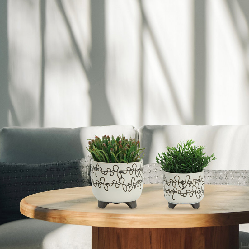 S/2 Ceramic 6/8" Scribble Footed Planter