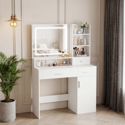Horicon Vanity Desk with LED Lighted Mirror & Power Outlet, Makeup Table with Drawers & Cabinet