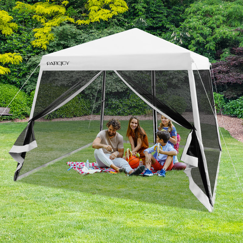 White 10 Ft x 10 Ft Metal Pop-Up Canopy with Mesh Sidewalls