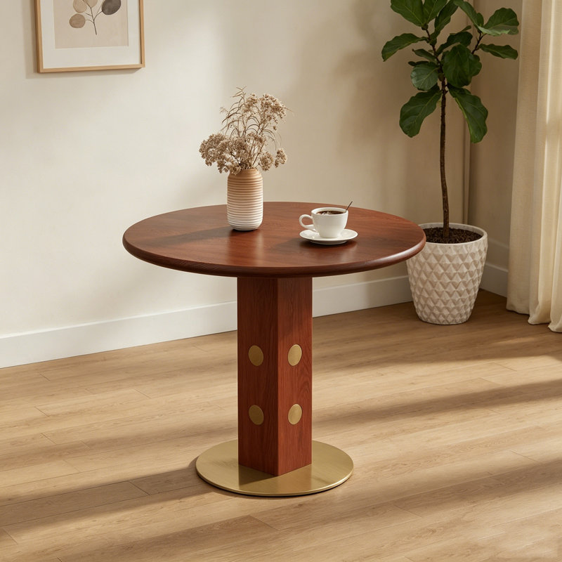 31.5" Retro Walnut Solid Wood Round Dining Table, Luxury Brass Gold Base with Wooden Legs, 2-Seater Small Space Kitchen & Negotiation Table
