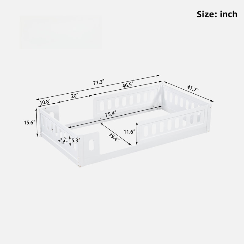 Wooden Platform Bed With Semi-enclosed Fence, White