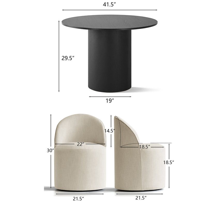 4 - Person Dining Table Sets With Round Table & 4 Upholstered Rolling Chairs, Beige, Black