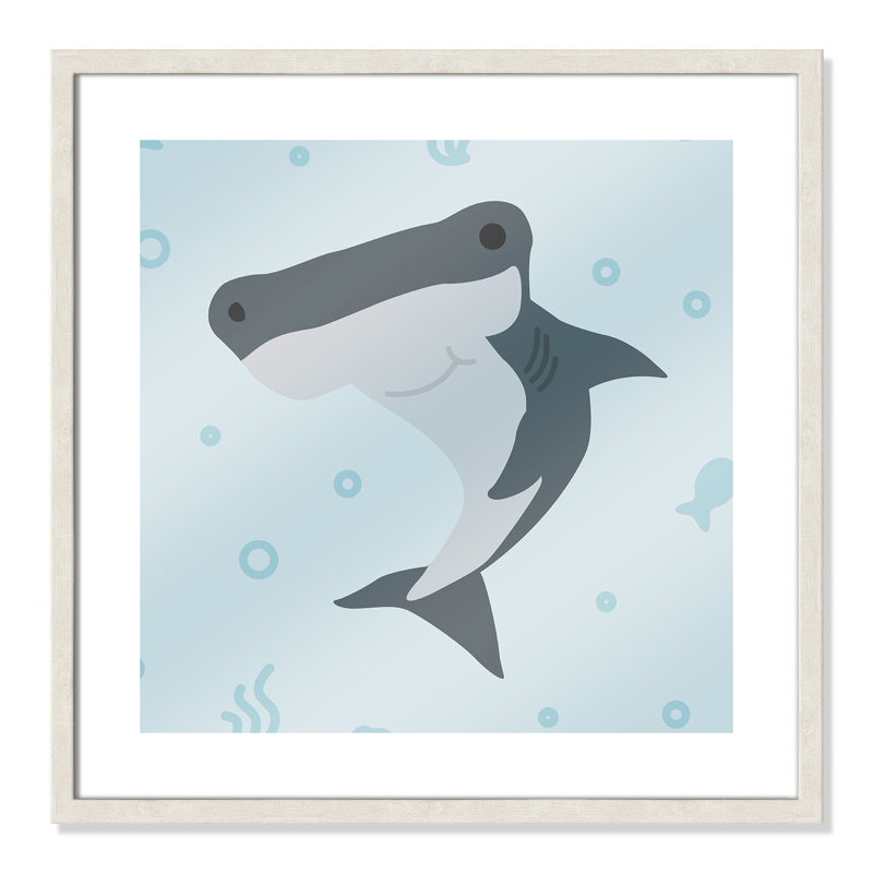 Impression sur papier Happy Hammerhead, H 22,5 po x l 22,5 po x P 1,18 po, Encadré de boîte à grain de bois blanc