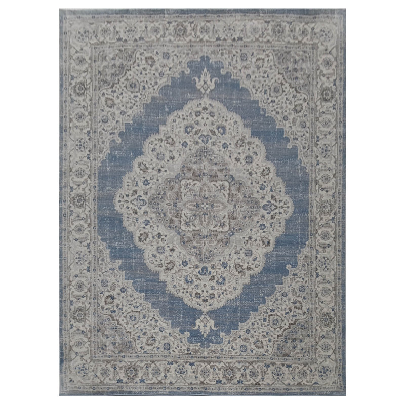Oriental Machine Made Blue / Cream Area Rug, Rectangle 5.3' x 7.7'