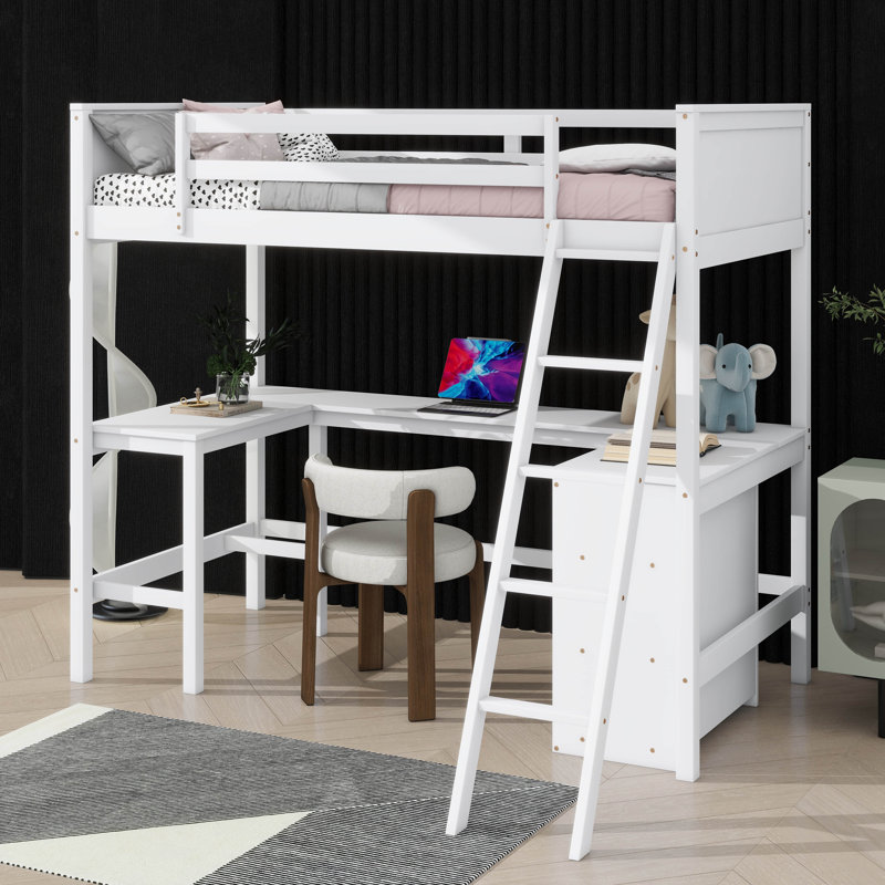 Lit mezzanine simple avec tablettes et bureau, lit mezzanine en bois intégré avec bureau