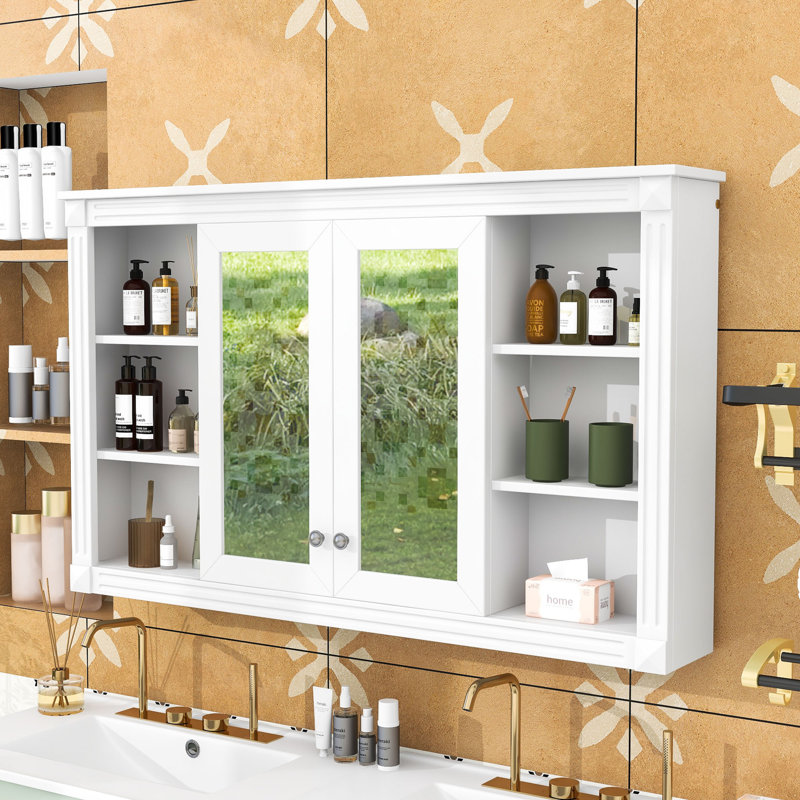 Armoire à pharmacie murale à miroir de salle de bain avec tablettes réglables et rangement ouvert, Blanc