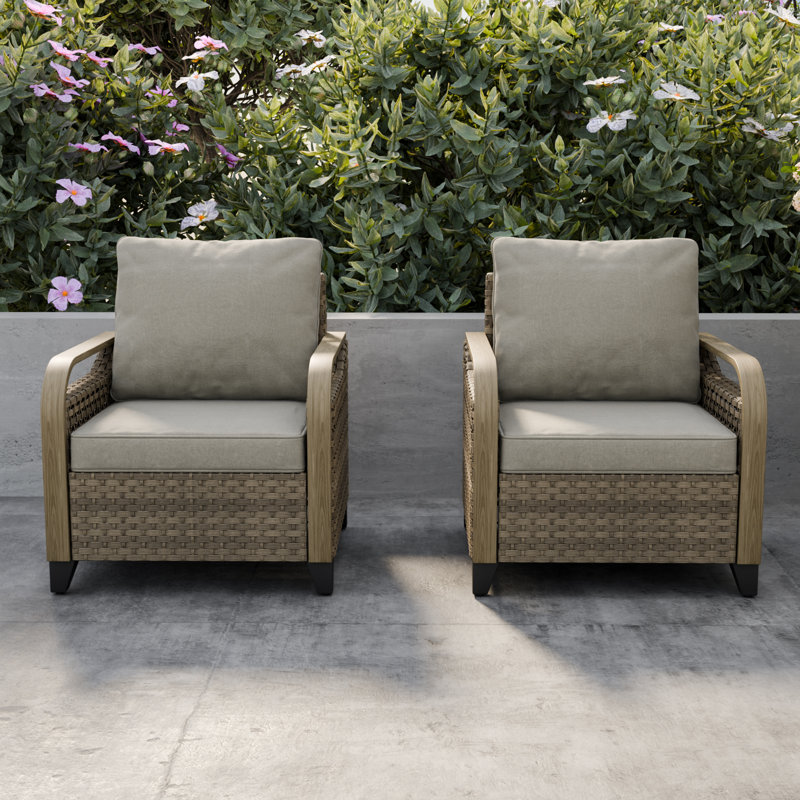 Gray Wicker Outdoor Armchairs with Cushions, Set of 2