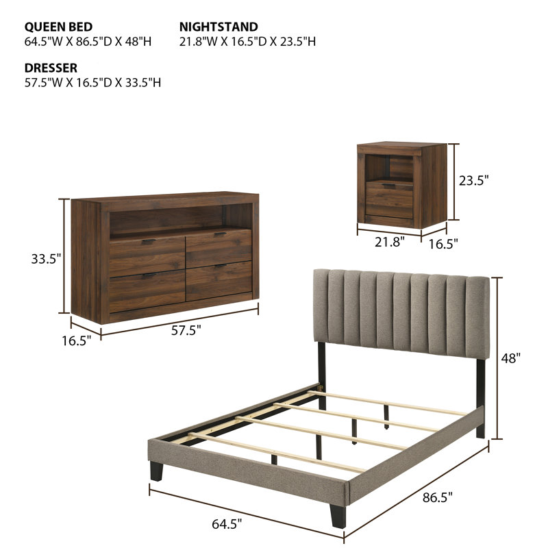 4-Pieces Bedroom Sets, Walnut, 4 Pcs: Bed, 2 Nightstands, Dresser, Queen