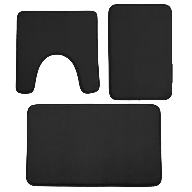 Ensemble de tapis de salle de bain en mousse viscoélastique 3 pièces, tapis de bain en flanelle antidérapante avec tapis de toilette en forme de U, noir