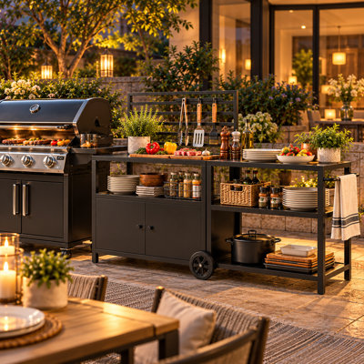 Ensemble de 2 pièces comprenant un chariot de préparation et une armoire de rangement modulaires pour cuisine extérieure