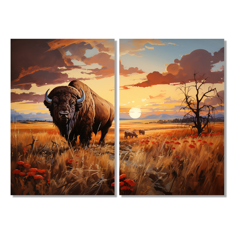 Art amérindien Bison Prairies I - décoration murale brune, Toile tendue, Ne s’applique pas, H 36 po x l 48 po