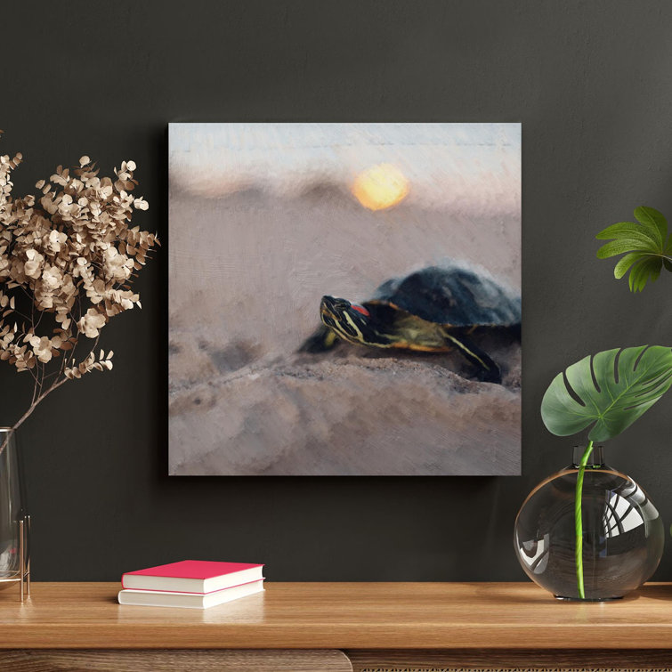 Black And Yellow Turtle On Brown Sand During Daytime - 1 Piece Square Graphic Art Print On Wrapped Canvas