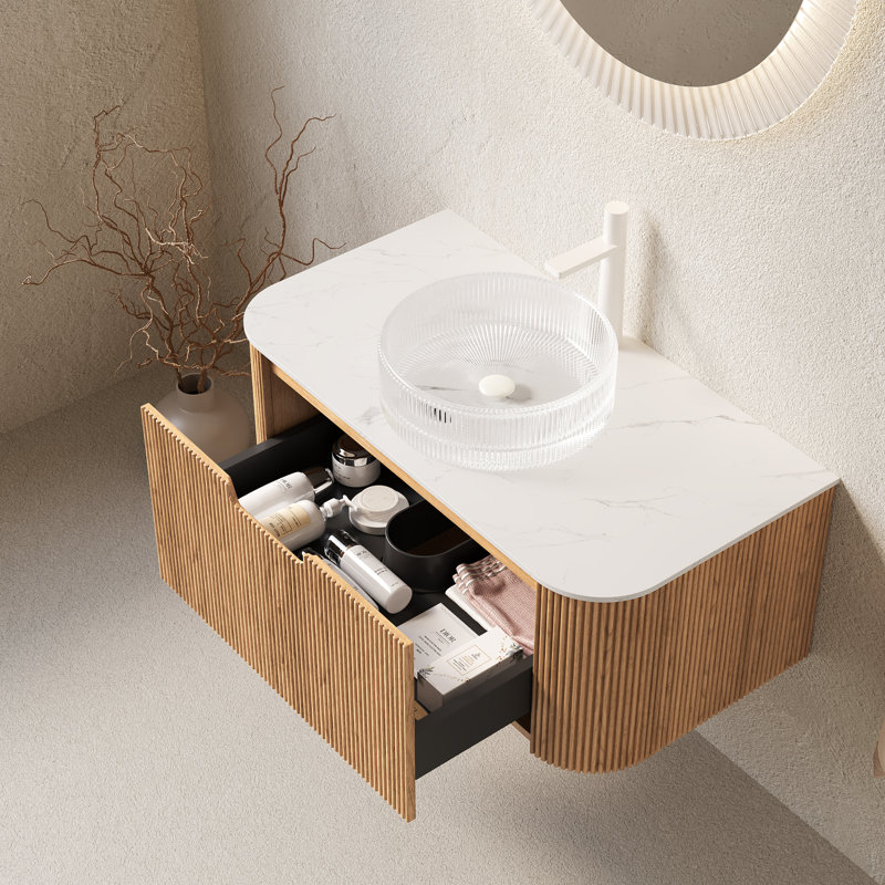 Meuble-lavabo flottant en verre 36 po, Bois naturel, L 36 po, Blanc